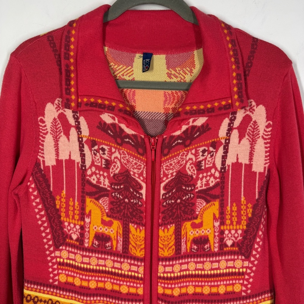 KOOI Knit Vibrant Red Orange Patterned Cardigan Nordic Fair Isle Zip Cotton - Picture 3 of 16